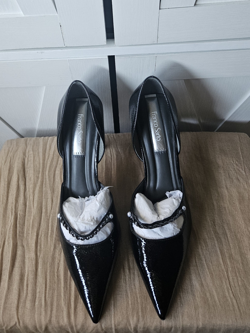 Franco Sarto Navy Blue Patent Pointed Toe Heels with Beaded Strap